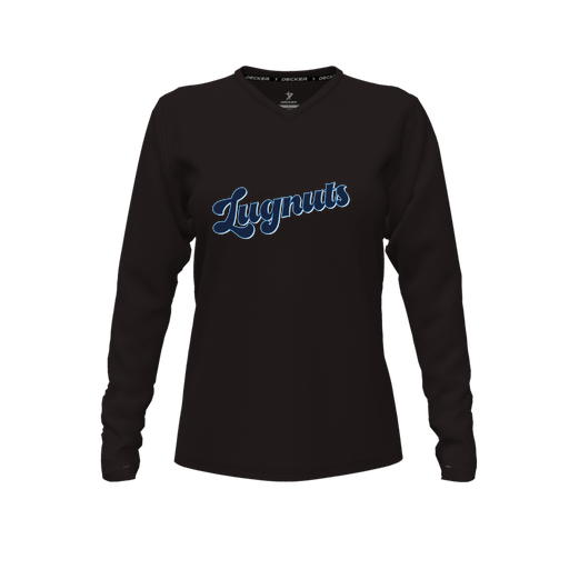 [CUS-DFW-TEES-CMF-VNK-LSL-BLK-FYXS-LOGO1] Decker Comfort T-Shirt (Female Youth XS, Black, V Neck, Logo 1, Long Sleeve)