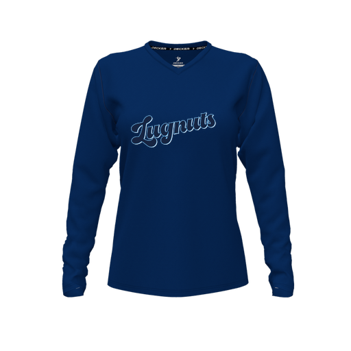 [CUS-DFW-TEES-CMF-VNK-LSL-NVY-FYXS-LOGO1] Decker Comfort T-Shirt (Female Youth XS, Navy, V Neck, Logo 1, Long Sleeve)