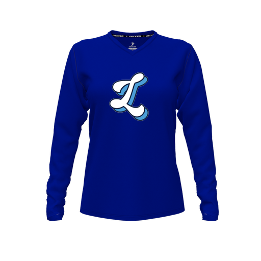 [CUS-DFW-TEES-CMF-VNK-LSL-RYL-FYXS-LOGO2] Decker Comfort T-Shirt (Female Youth XS, Royal, V Neck, Logo 2, Long Sleeve)