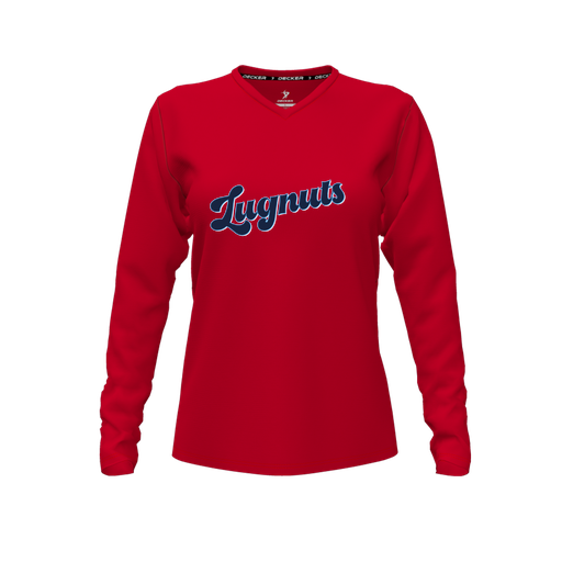 [CUS-DFW-TEES-CMF-VNK-LSL-RED-FYXS-LOGO1] Decker Comfort T-Shirt (Female Youth XS, Red, V Neck, Logo 1, Long Sleeve)