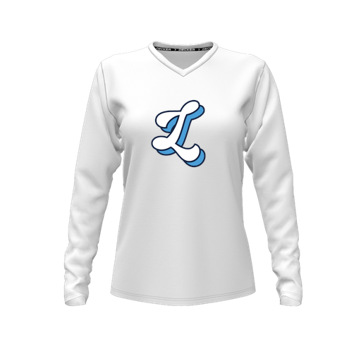 [CUS-DFW-TEES-PER-VNK-LSL-WHT-FYXS-LOGO2] Decker Performance T-Shirt (Female Youth XS, White, V Neck, Logo 2, Long Sleeve)