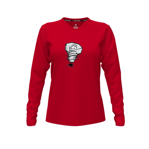 [CUS-DFW-TEES-PER-VNK-LSL-RED-FYXS-LOGO3] Decker Performance T-Shirt (Female Youth XS, Red, V Neck, Logo 3, Long Sleeve)