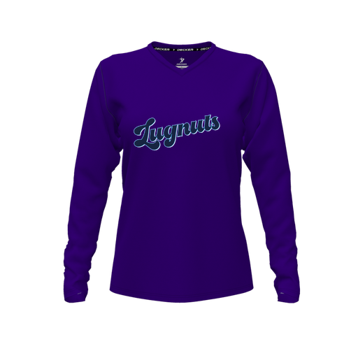 [CUS-DFW-TEES-PER-VNK-LSL-PUR-FYXS-LOGO1] Decker Performance T-Shirt (Female Youth XS, Purple, V Neck, Logo 1, Long Sleeve)